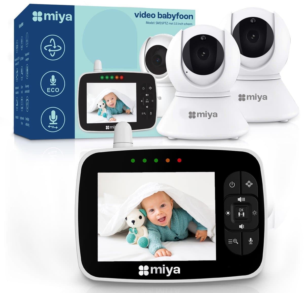 Miya M35 Babyfoon met 2 camera's - Babyfoon met camera - Op afstand bestuurbaar - Video & Audio - Baby monitor