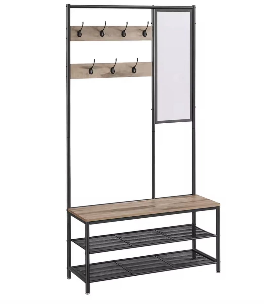 Varnox Kapstok - Kledingrek - Kledingstandaard - Garderobekast - Kapstok met spiegel - Garderoberek - Gangmeubel - Kapstok - Staande kapstok - Vestiairemeubel - Kast - Rek - Planken - 7 Haken - Spiegel - Schoenen rek - Hout en metaal - Zwart - Bruin