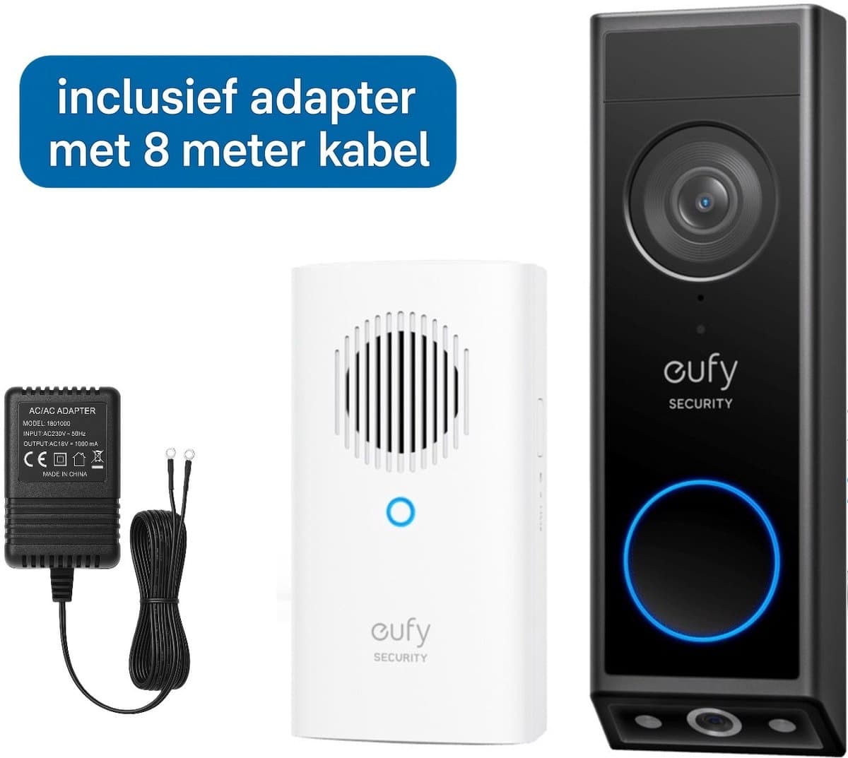 eufy Security E340 Video Deurbel met Chime – Video Doorbell - Dual-Cam technologie, 2K Full HD-resolutie, kleur nachtzicht, AI-pakketdetectie + deurbel adapter met 8 meter kabel - Bundelvoordeel