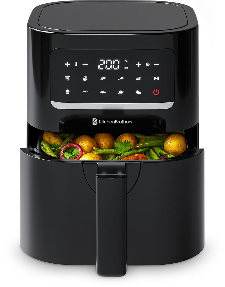 KitchenBrothers Mini Airfryer - 3,3 Liter - 1400W - PFAS-Vrij - 50ºC tot 200ºC - Kleine Heteluchtfriteuse voor 1, 2 en 3 Personen - 10 Kookprogramma's - Zwart