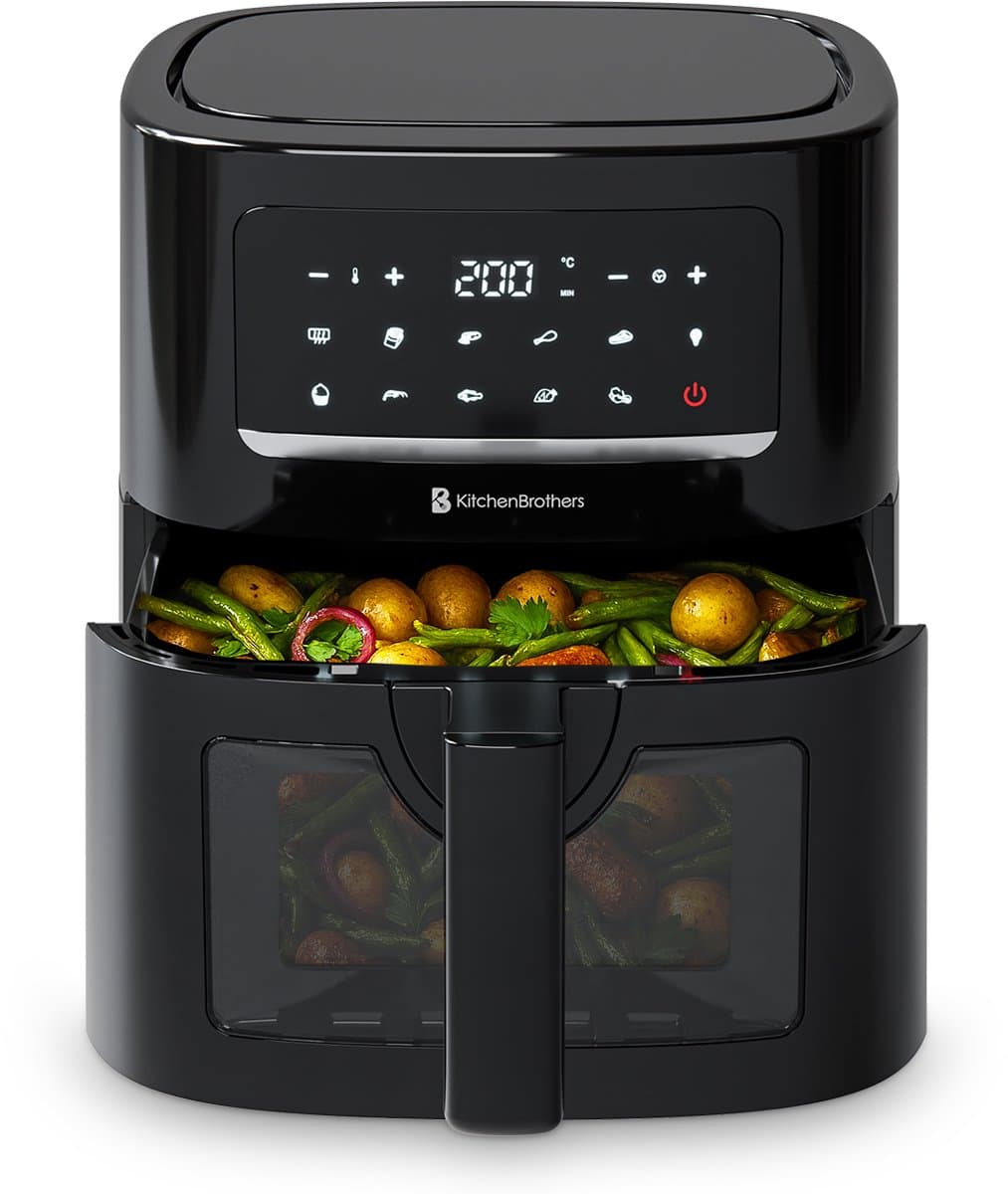 KitchenBrothers Airfryer XL - PFAS-Vrij - 1600W - 6L - Heteluchtfriteuse - 50ºC tot 200ºC - Met kijkvenster - 10 Kookprogramma's - Zwart