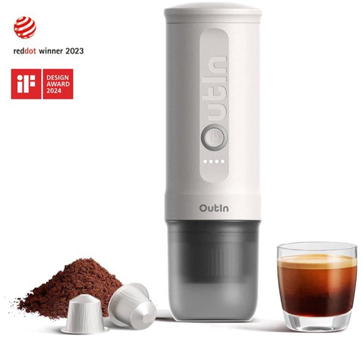 Outin - Draagbare Elektrische Espressomachine | Koffiezet apparaat voor Onderweg | Capsules & Gemalen Koffie | Portable Espresso Machine | Snelle Waterverwarming | 20 bar | Draagbare Koffiemachine | Reis & Camping Koffiezetapparaat | 12 volt