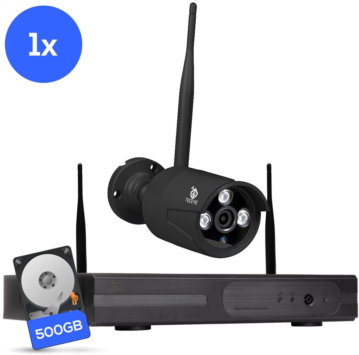 Teceye Compleet Camera Beveiliging Set met 1x Wifi IP Camera - CCTV Camerasysteem, Beveiligingscamera binnen , Wifi Beveiligingscamera Set Buiten - Beveiligingscamera - Beveiligingscamera buiten - Beveiligingscamera Draadloos buiten