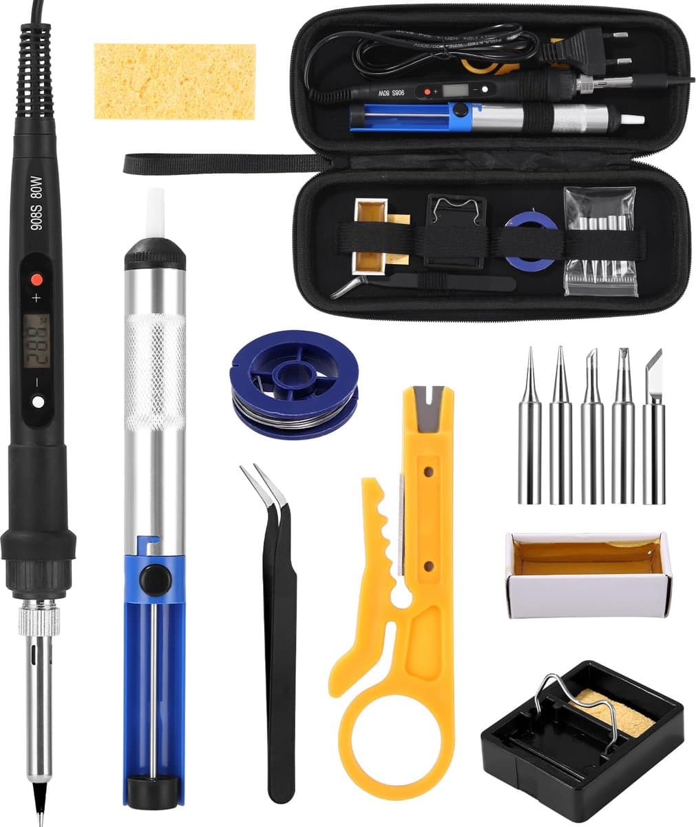Soldeerstation 80W LCD - Soldeerbout met Instelbare Temperatuur 180-480°C - Ontsoldeerpomp, Soldeertin, 5 Verwisselbare Punten - Soldeerstandaard - Elektronica Reparatie Set voor Beginners en Professionals