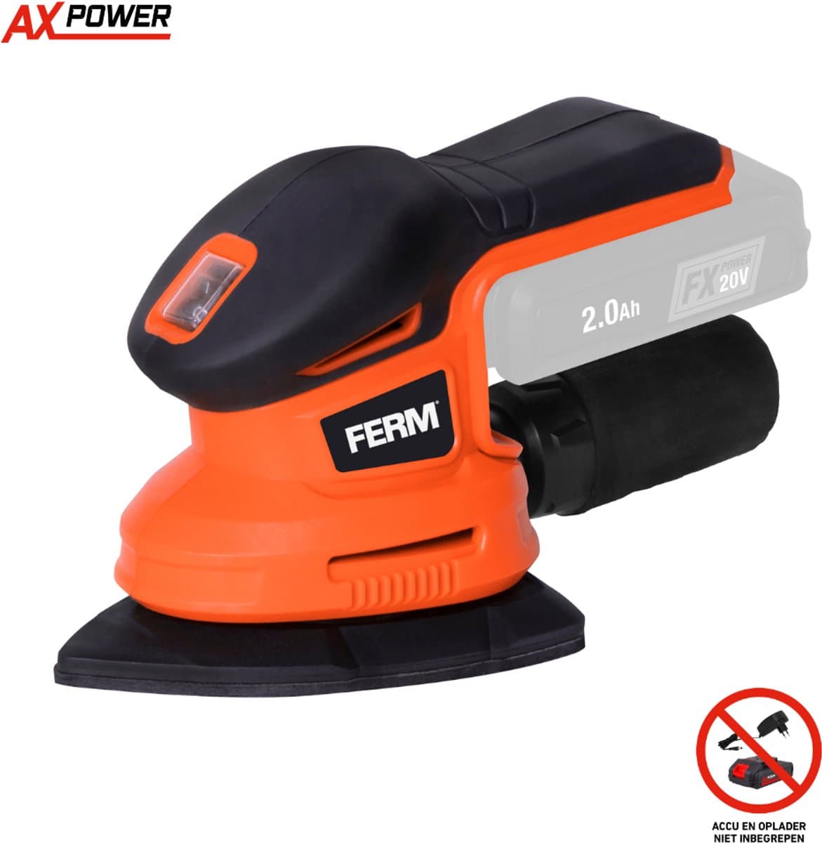 FERM- AX-POWER - PSM1033 - Draadloze - Schuurmachine - 20V - Schuurzool - 150x150x100mm - 10000/min - Zonder accu en lader - met - Stofzak - 6 schuurvellen - Ook geschikt voor - FX-POWER - Accu schuurmachine - Handpalmschuurmachine - Delta schuurder