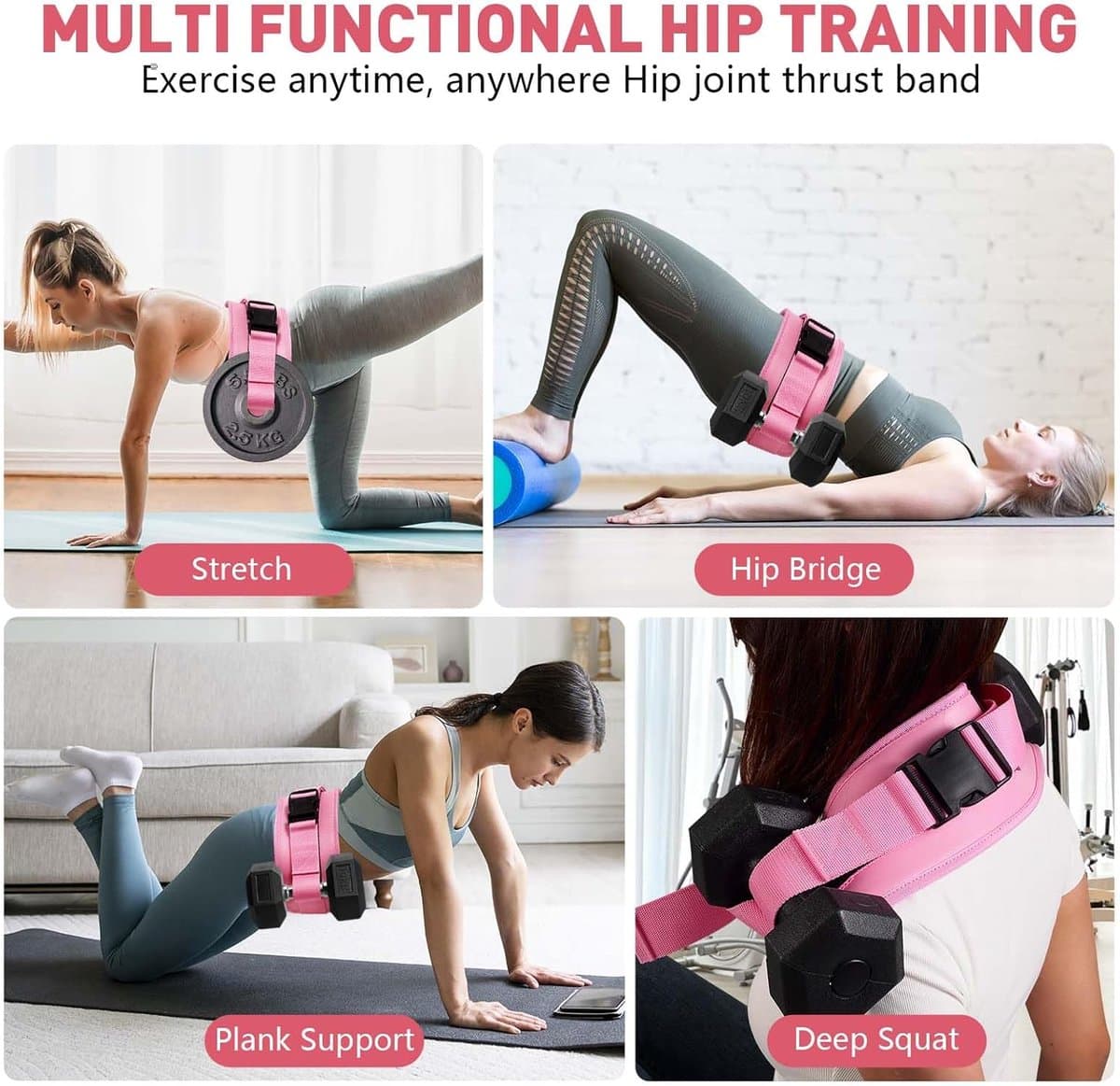 Heupbrug trainingsriem - Dumbbell heupbrug riem - Geavanceerd, dikker en breder, geschikt voor dumbbells, kettlebells of gewichtsschijven, antislip kussentje, geschikt voor sportschool of thuisworkouts (2 roze riemen)