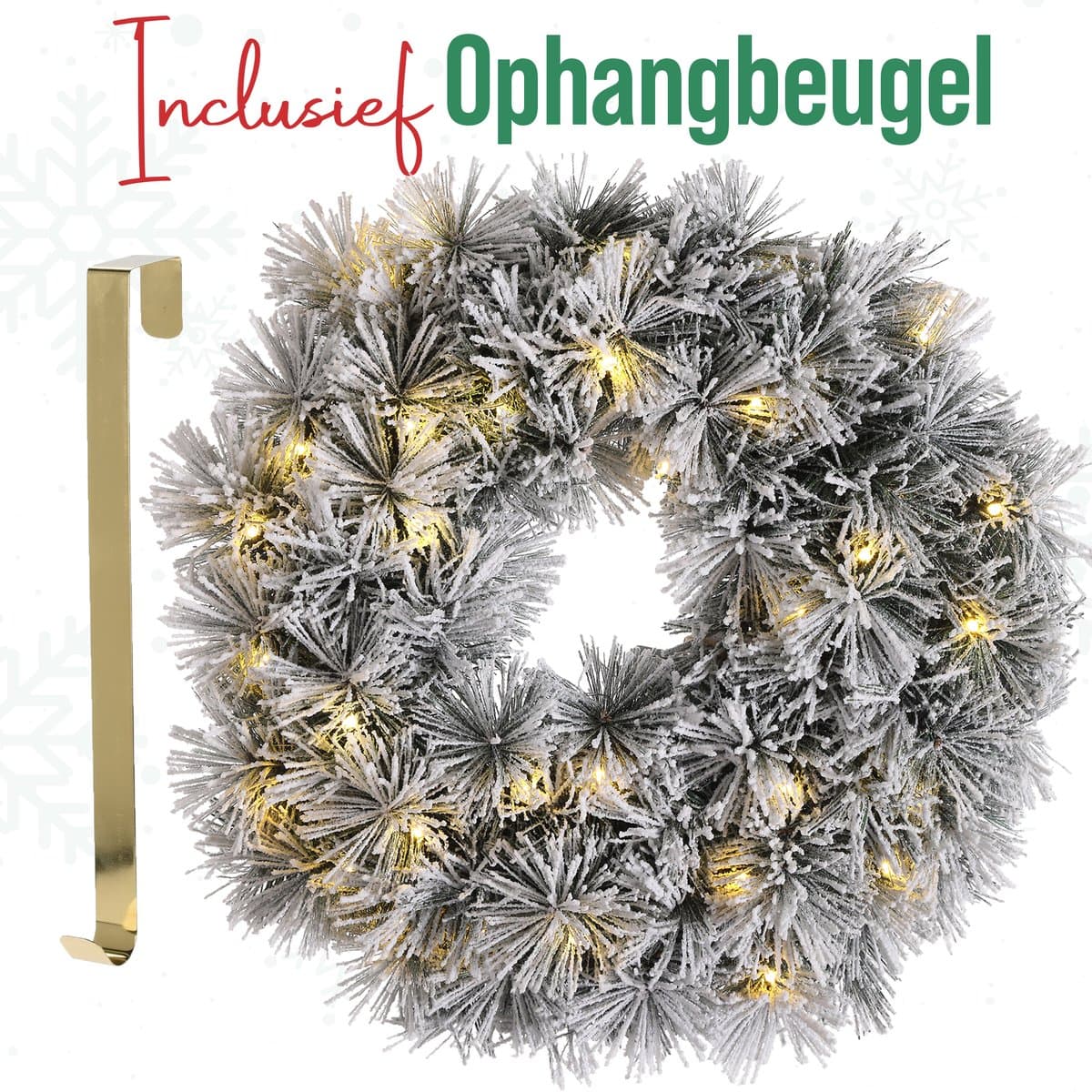 Meisterhome Sneeuw Kerstkrans van 50 cm - Inclusief Gouden Ophangbeugel en 35 Warmwitte LED's + Timer - Kerstkrans met Verlichting - Kerstkransen - met Lampjes voor Buiten - Kerst - Voordeur - Kerstkrans - Kerstguirlande