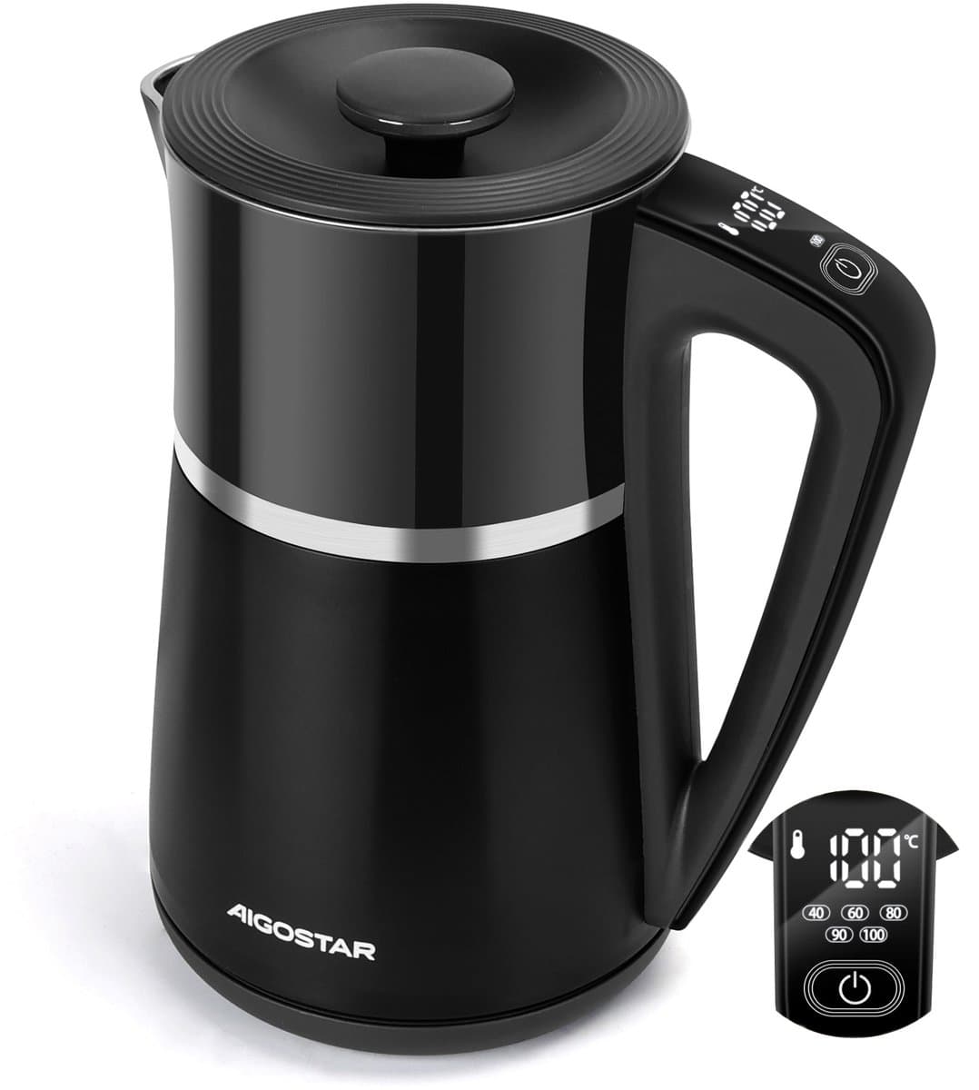Aigostar Waterkoker met Temperatuurregeling - 1.7L - Instelbare Waterkoker - Dubbelwandig & Cool-touch - Warmhoudfunctie - BPA-vrij - voor Babyvoeding & Thee - 2200W - Zwart