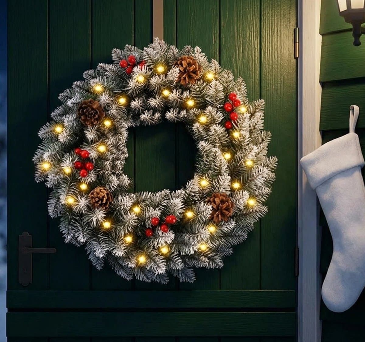Premium Kerstkrans- met Decoraties & LED verlichting(40cm) - Met witte sneeuwceder takken - Versierd met rode bessen & dennenappels – LED verlichting met 8 standen & timerfunctie – Winter & kerstdecoratie - deurkransen kerstversiering