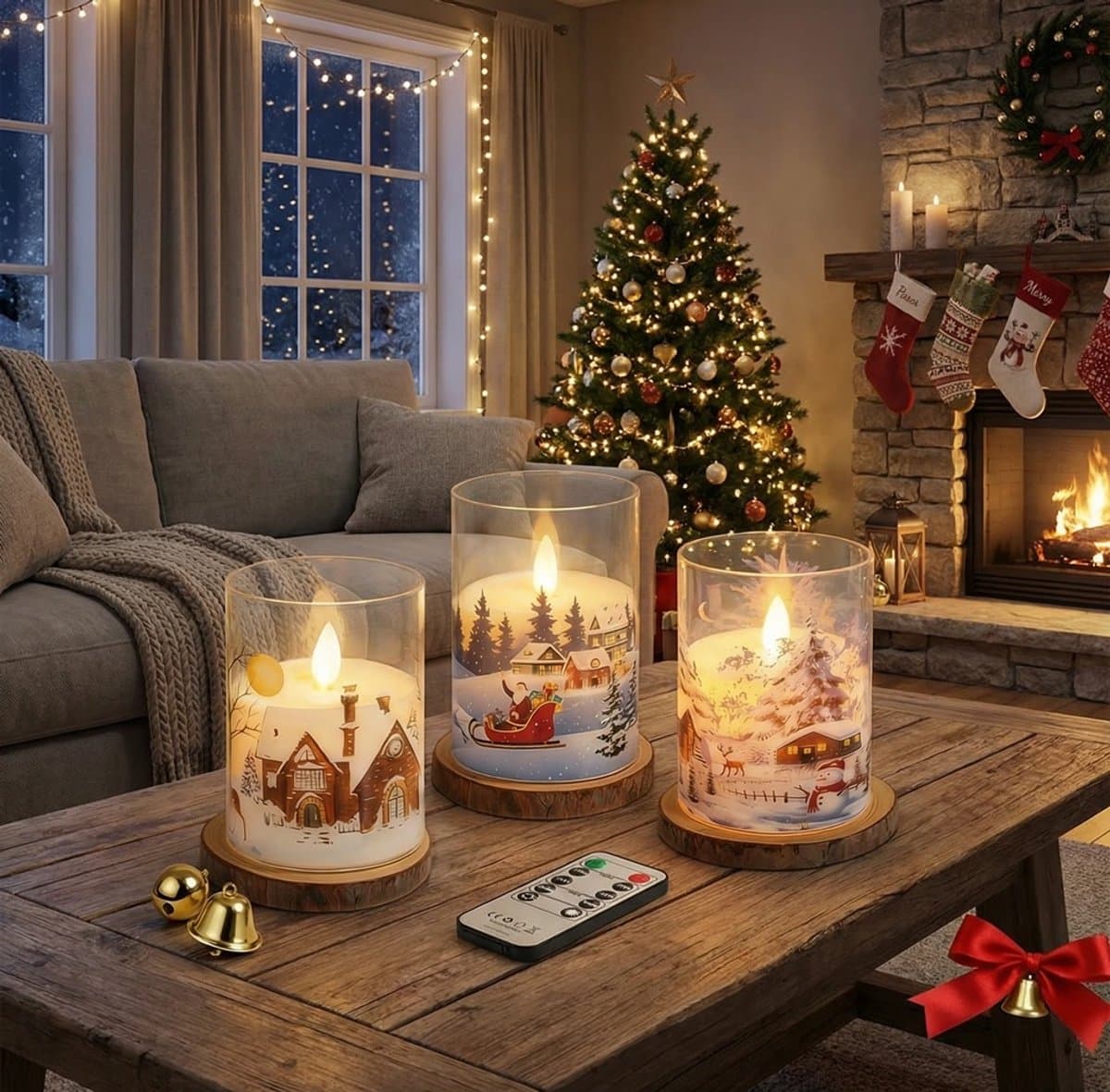 Set van 3 LED Kerstkaarsen – Acryl Kaarsen met Kerstprint & afstandsbediening – Ø 7,5 cm x H 15 cm – Sneeuwhuis, Kerstman, Rendier – Batterij LED Kaarsen voor Kerstdecoratie