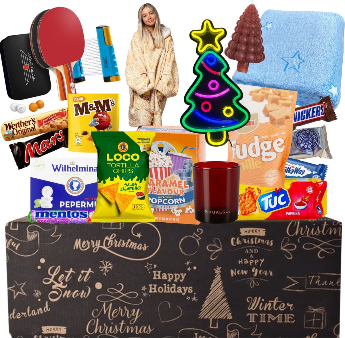 Kerstpakket L - Incl. Gadgets & Food t.w.v €100 - Cadeaupakket - Feestpakket - Doos - Voor Mannen & Vrouwen