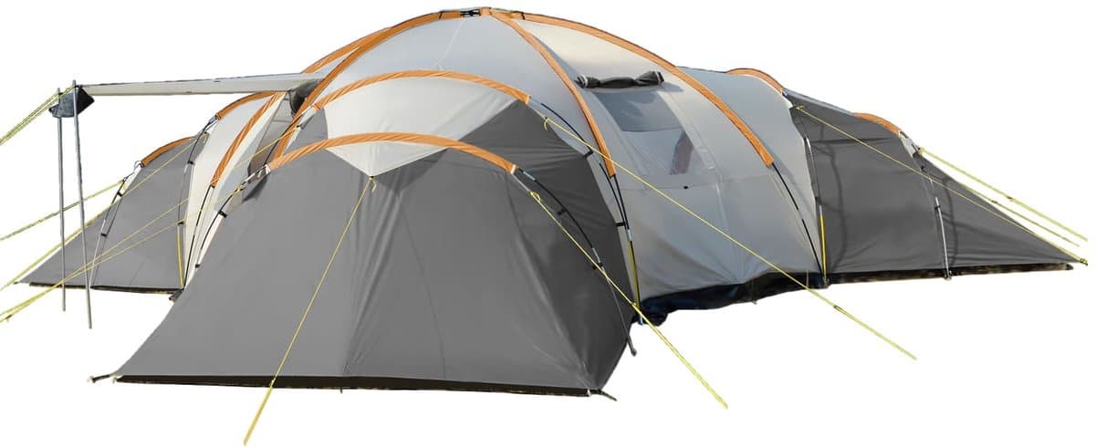 Skandika Turin Tent – Tenten – Familietent - Campingtent – Voor 12 personen – Koepeltent – Muggengaas – 3 slaapcabines - 200 cm stahoogte – Stalen stangen – 3000 mm waterkolom – Outdoor, Camping, Tuin – Kamperen – grijs/oranje