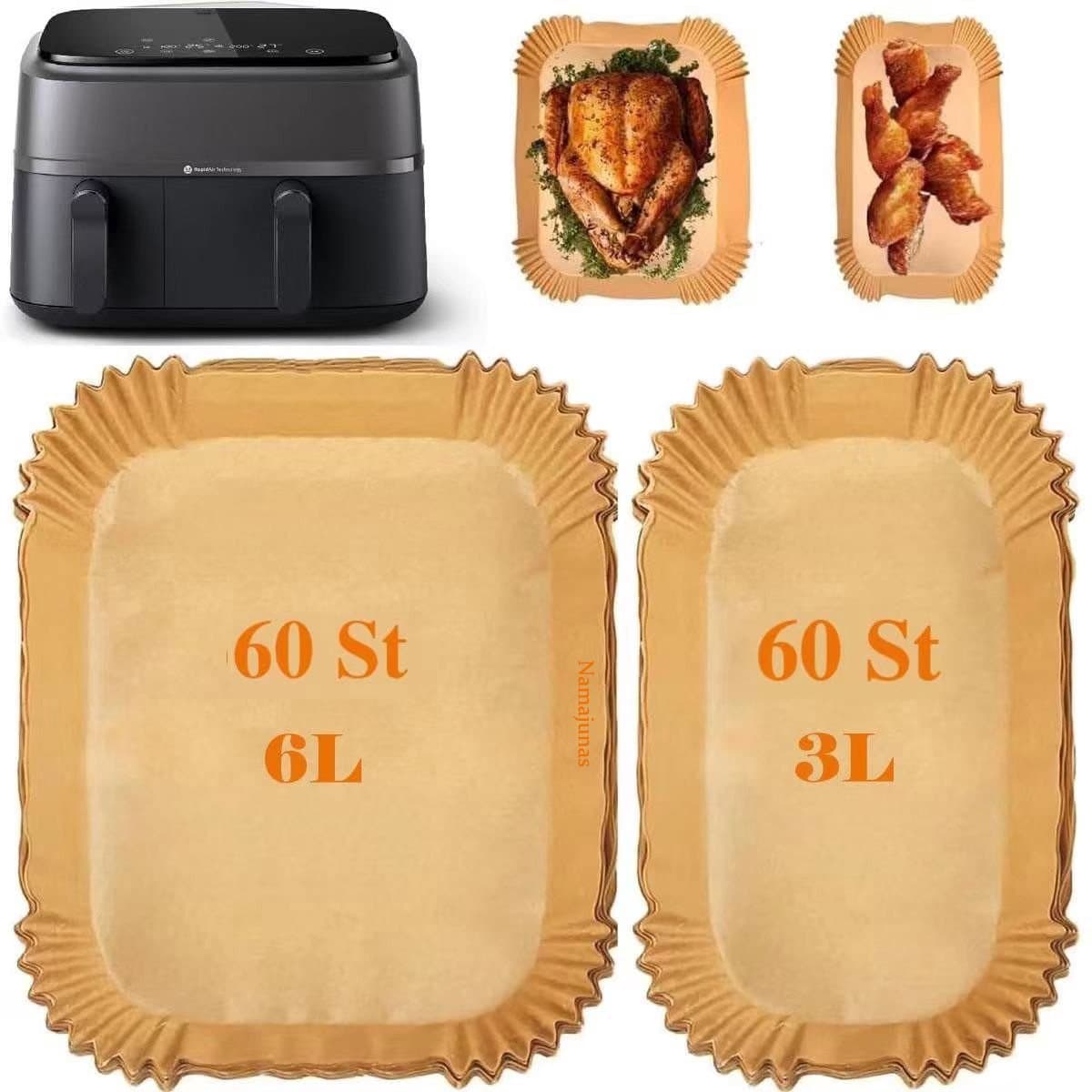 Bakpapier airfryer - Bakpapiervellen - Geschikt voor Philips Dual Basket Airfryer 3000-serie en 5000-serie (6L/3L) – modellen NA350/300 en NA550/500 - 120 Stuks - Airfryer Wegwerpbakjes - Geschikt voor Philips 9L heteluchtfriteuse