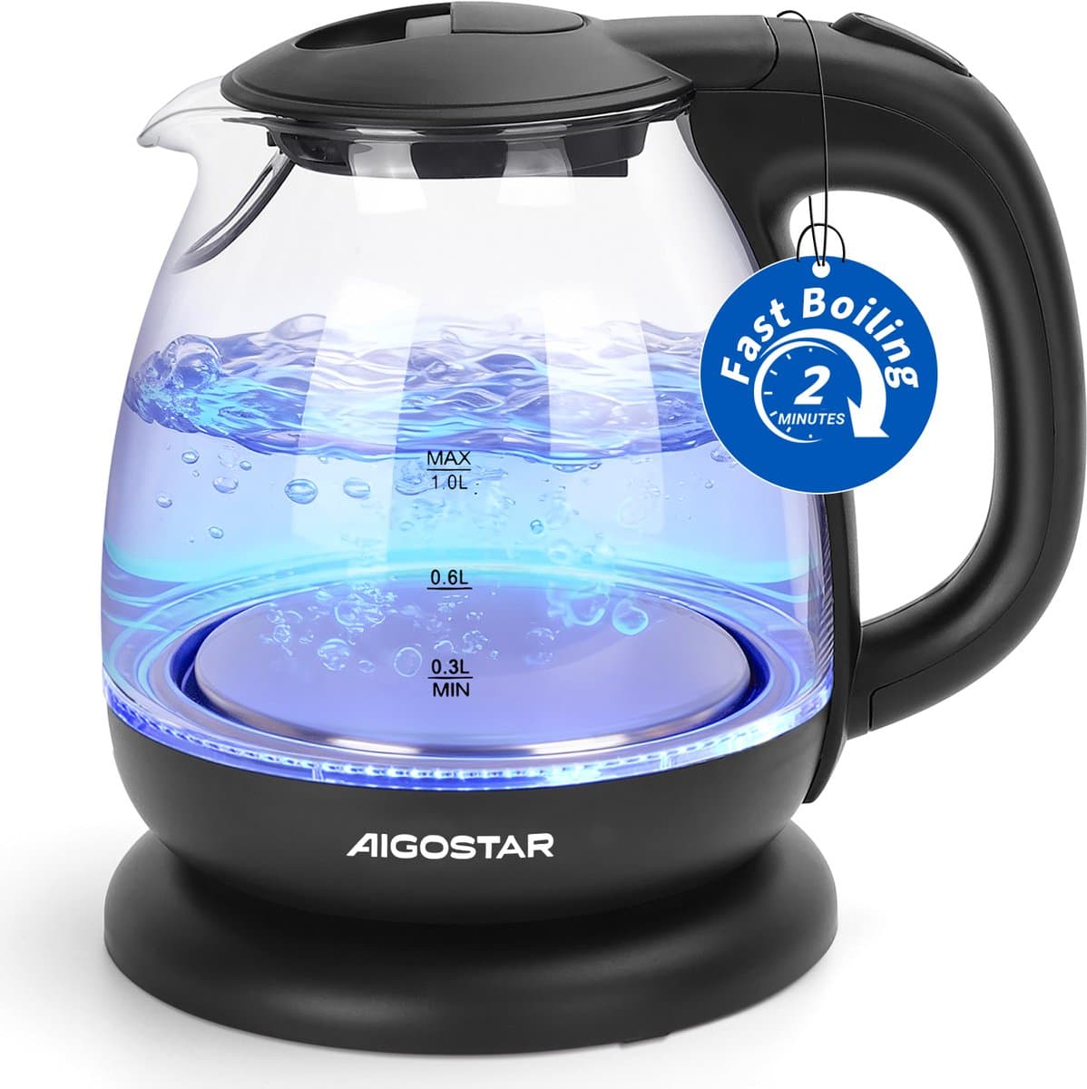 Aigostar Waterkoker glas 1 Liter - watekokers klein met LED - 360° draaibaar - Zwart - Elfin 30IAX