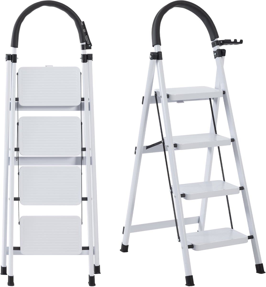 Seven Comfort Huishoudtrap 4 treden - Keukentrap - Opvouwbaar - Trap ladder - Stalen materiaal - 61×45×118cm - Lichtgewicht - Draagvermogen150KG - Wit