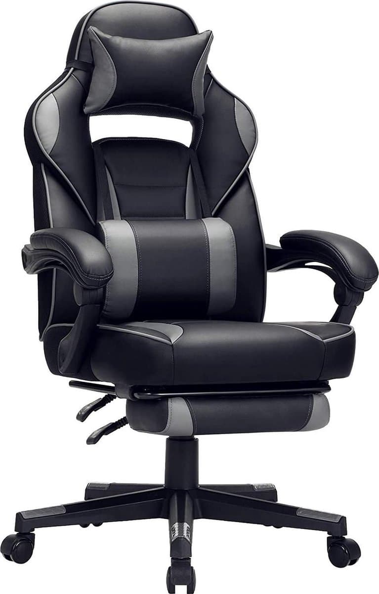 Bobbel Home Gaming chair, bureaustoel met voetsteun, bureaustoel met hoofdsteun en lendenkussen, in hoogte verstelbaar, ergonomisch, 90-135° kantelhoek, tot 150 kg draagvermogen, zwart-grijs OBG073B03