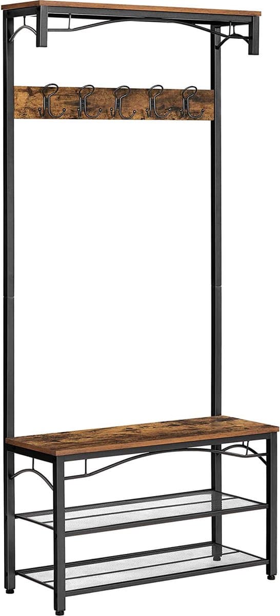 Garderobe Kapstok - Staande Kapstok met schoenenrek - Schoenen - Hout en Metaal - Industrieel - Vintage - Kledingrek - Schoenenrek - Zitbank - Donkerbruin - HSR45BX