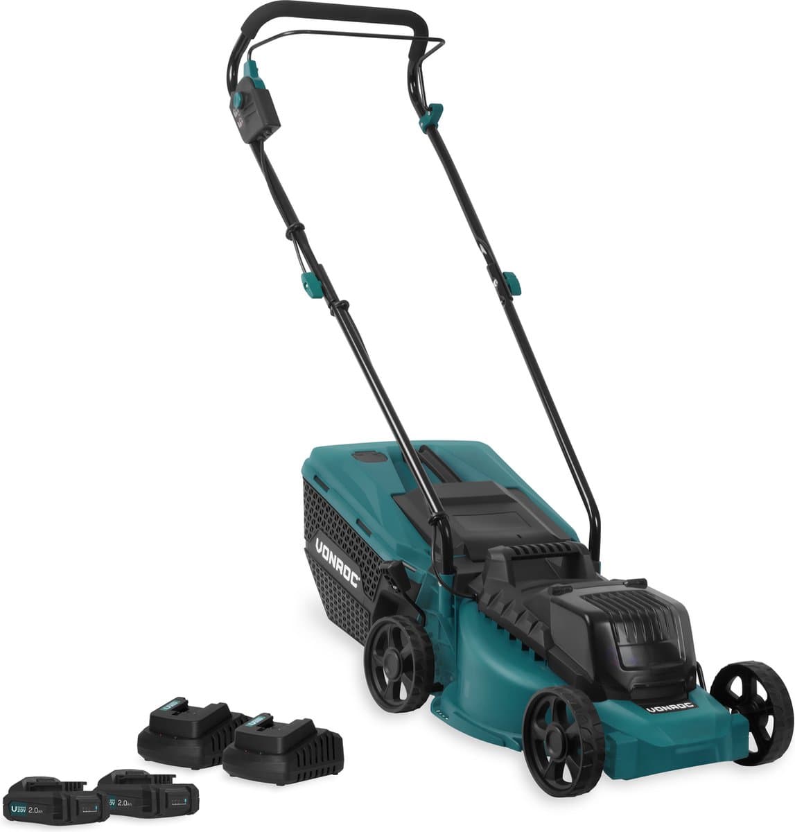 VONROC Accu Grasmaaier – 40V – 33 cm maaibreedte – Brushless motor - Vijf instelbare maai-hoogtes: 30/40/50/60/70 mm - Incl. 30L Opvangbak - Incl. 2x 2.0Ah Accu en 2x Snellader