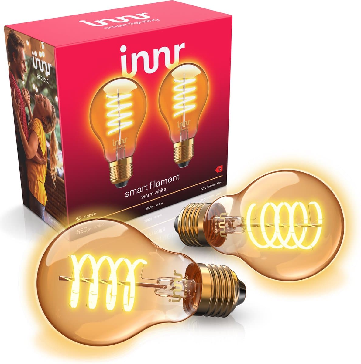 Innr E27 filament lamp - geschikt voor Philips Hue - Zigbee - LED smart bulb - warmwit licht - slimme verlichting - dimbaar - 550 lumen - 2 pack