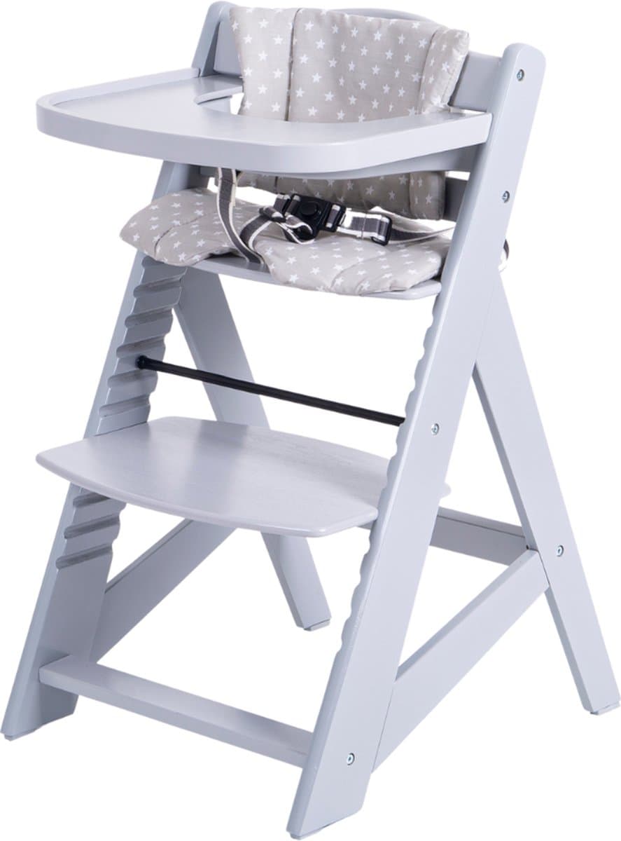 Buxibo Houten Meegroeistoel Kind - Inclusief Eetblad - Verstelbare Kinderstoel voor Comfort en Design - Inclusief kussen - 48×58×80cm - Grijs