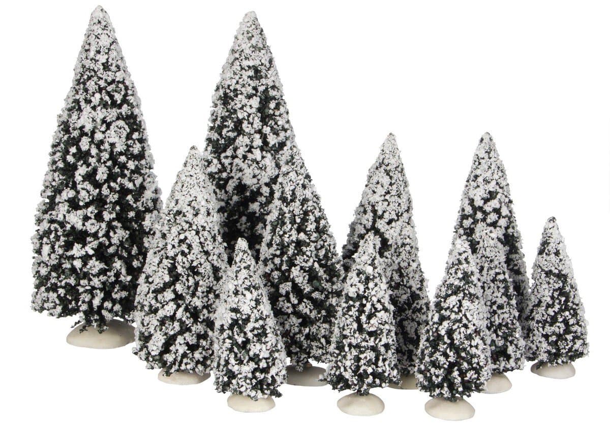 Luville Evergreen Kerstdorp Miniatuur Bomen Set van 12 Stuks - Besneeuwde Dennenbomen als Kerstversiering Decoratie Binnen - Kerst Decoratie voor Kerstdorp - l29xw9xh30cm - Groen