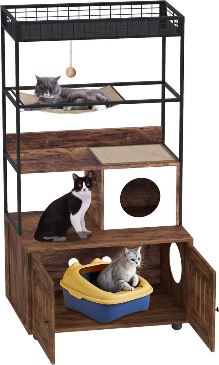 Veelzijdig houten kattenbakmeubel met opbergvakken – verborgen kattenkast met krasbestendige krabpaal en voerstation, groot binnengebruik katten-toilet voor woonkamer en hal, vintage bruin