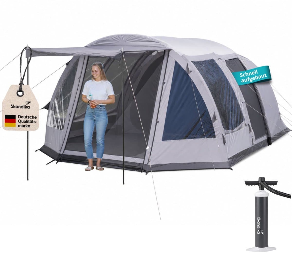 Skandika opblaasbare tent Folldal 5 Air Protect - Luchttent voor 5 personen, ingenaaid grondzeil, waterdicht, 5000 mm waterkolom, met pomp, zonneluifel | Campingtent, tunneltent, airtent