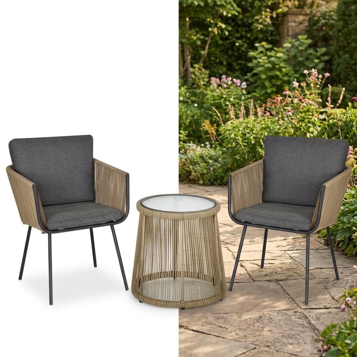 Balkonset 2 personen - Tuinset - Bistroset - Grijs - Weerbestendig - 3 delig - Tuintafel en 2 stoelen - 2 personen - Gecoat staal - Onderhoudsvrij staal