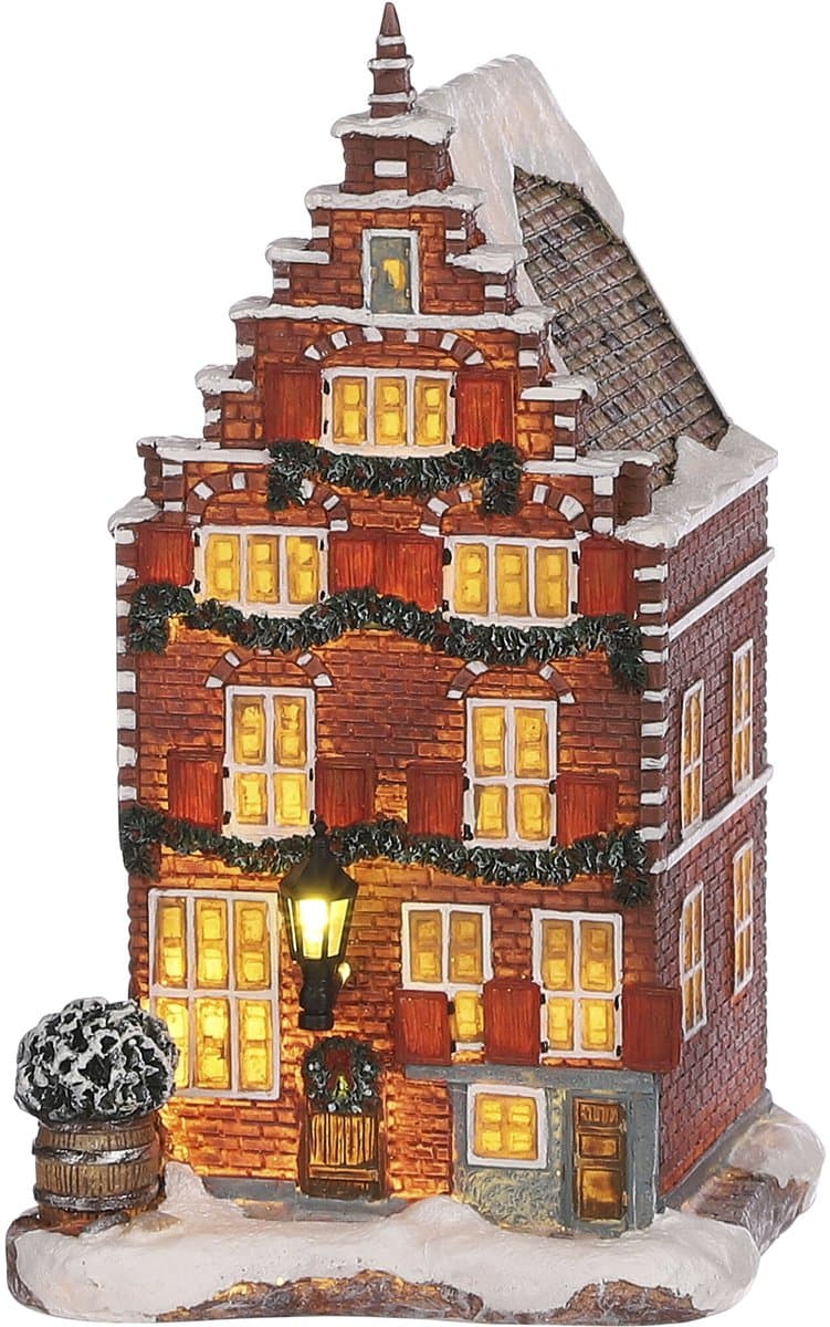 Luville Kerstdorp Miniatuur Grachtenpand - Kerstversiering en Guirlande Details voor een Sfeervolle Decoratie - Kerst Decoratie voor Binnen - L10,5 x B11,5 x H18,5 cm - Bruin