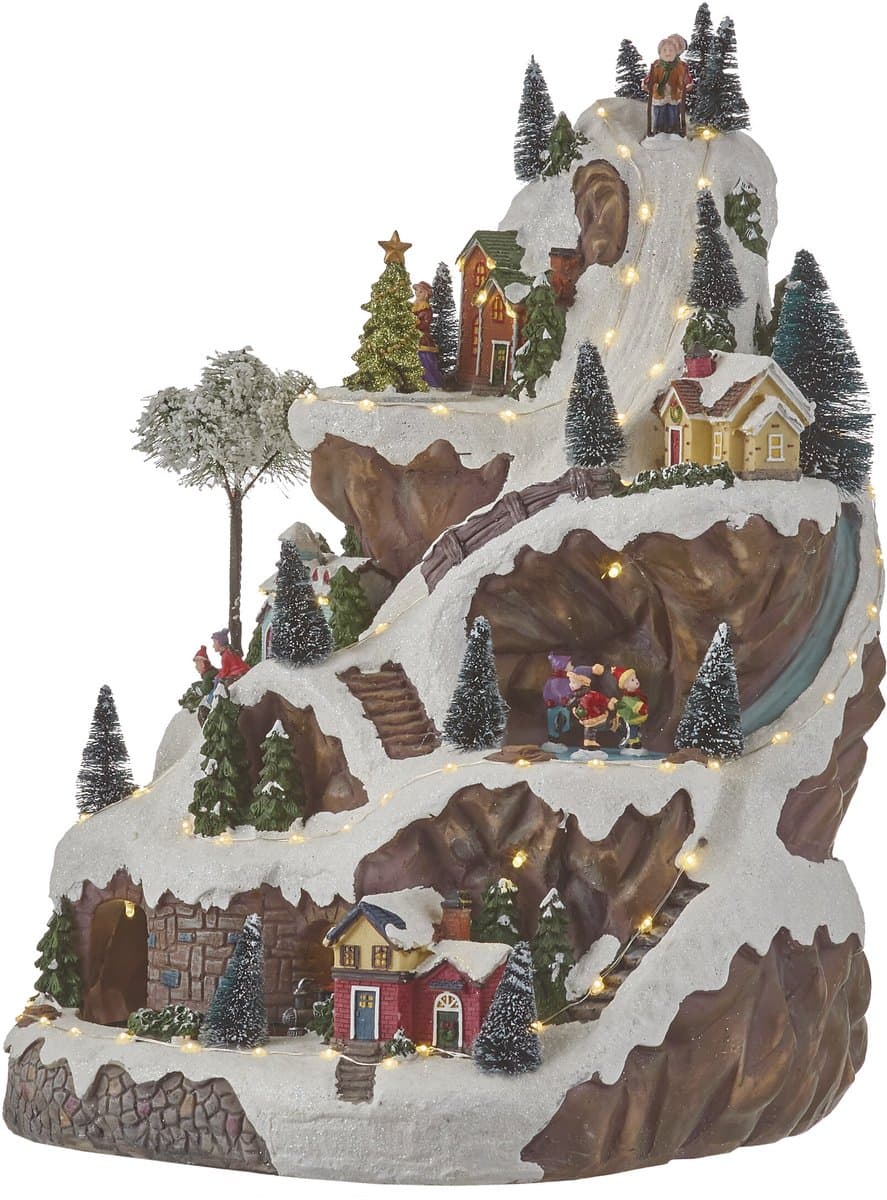 Luville Kerstdorp Miniatuur Skipiste - Kerstversiering met Ronddraaiende Kerstboom en Rijdend Treintje - Kerst Decoratie met Verlichte Huisjes - Inclusief Adapter - L33 x B31 x H46 cm - Meerkleurig