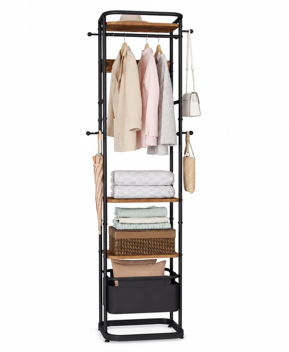 Home & Beyond® Kapstok met Schoenenrek - Garderoberek met 11 Haken, Hangroede & Opbergmand - Industrieel Kledingrek - Halkapstok - Bruin/Zwart