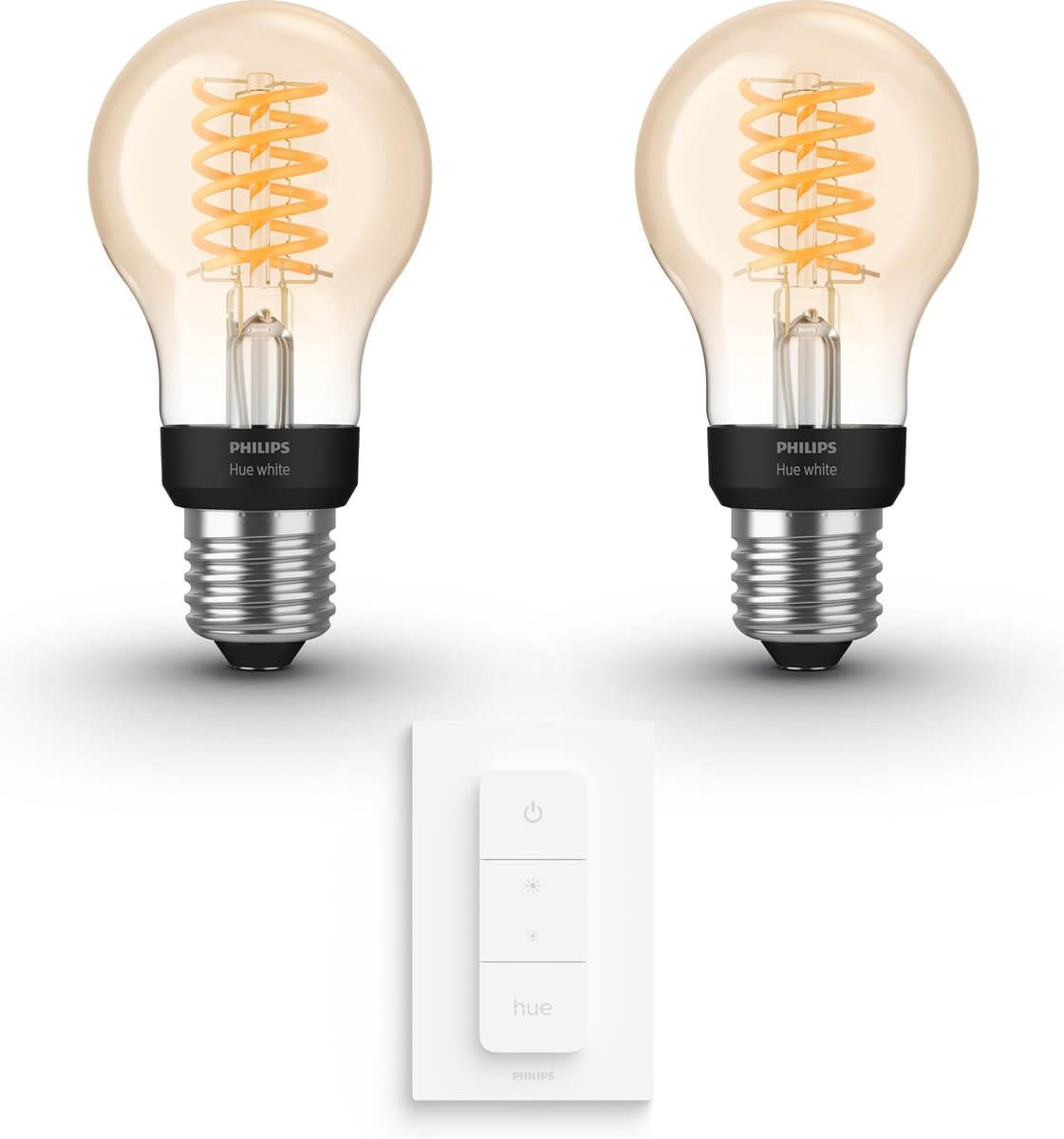 Philips Hue Voordeelpakket - E27 - met 2 Filament Standaard Lampen - Warmwit Licht - Incl. 1 Hue Dimmer Switch - Hue White Filament