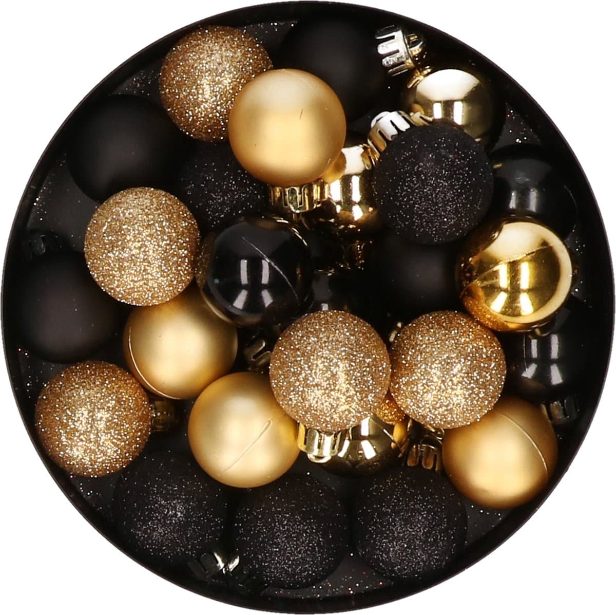 Kleine kerstballen - 28x st - zwart/goud - D3 cm - kunststof - kerstversiering