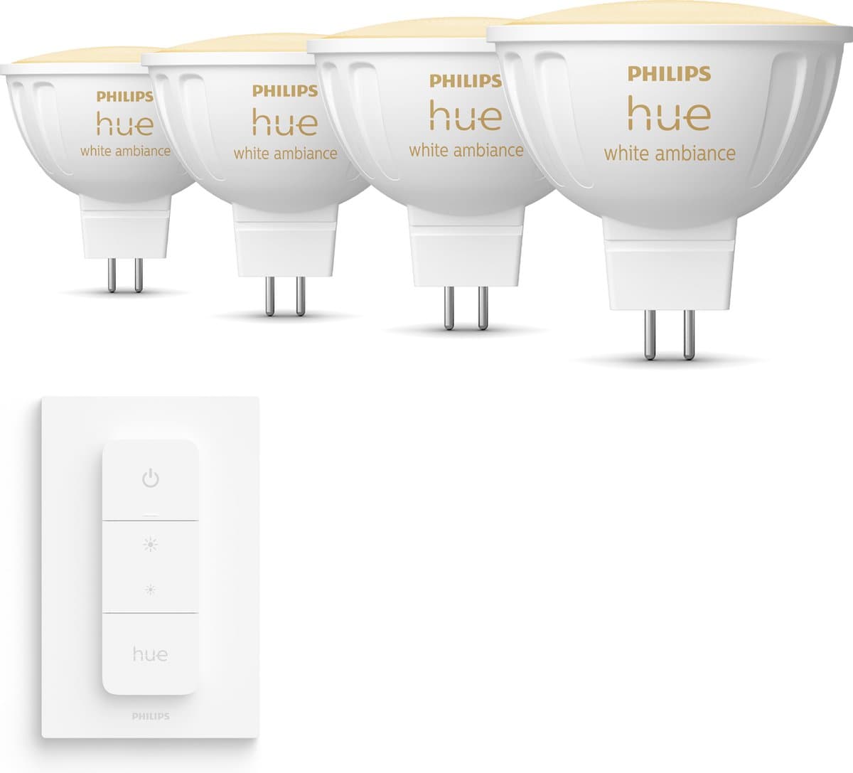 Philips Hue Voordeelpakket - GU5.3 - met 4 Spotjes (MR16) - 12V - Warm tot Koelwit Licht - Incl. 1 Hue Dimmer Switch - Hue White Ambiance