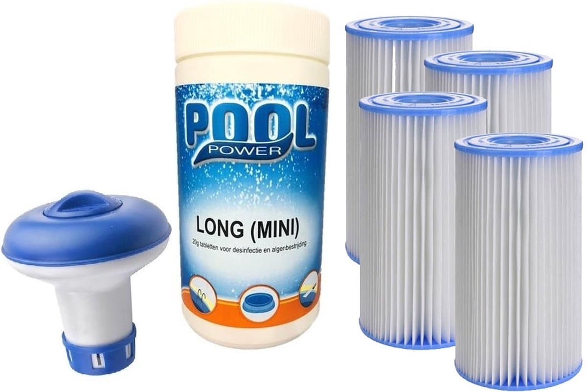 4x Intex A filter cartridge set met 1kg chloortabletten en chloordrijver pakket