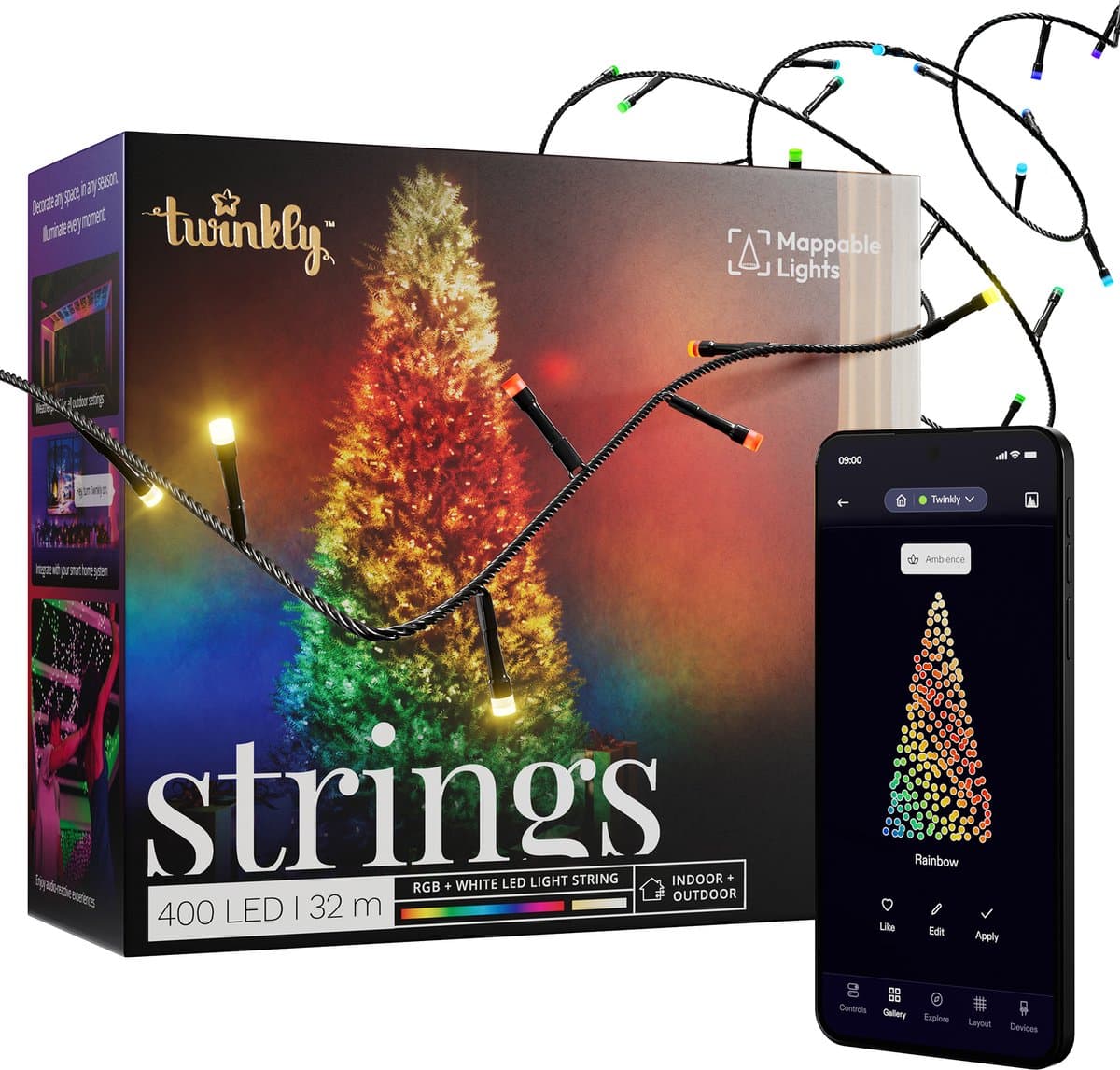 Twinkly Strings Lichtsnoer - 32M - LED Verlichting - RGB & Warm Licht - Dimbaar - Binnen & Buiten - Bluetooth Wifi - Werkt met Homekit, Homey, Google Home, Razer Chroma - Zwart
