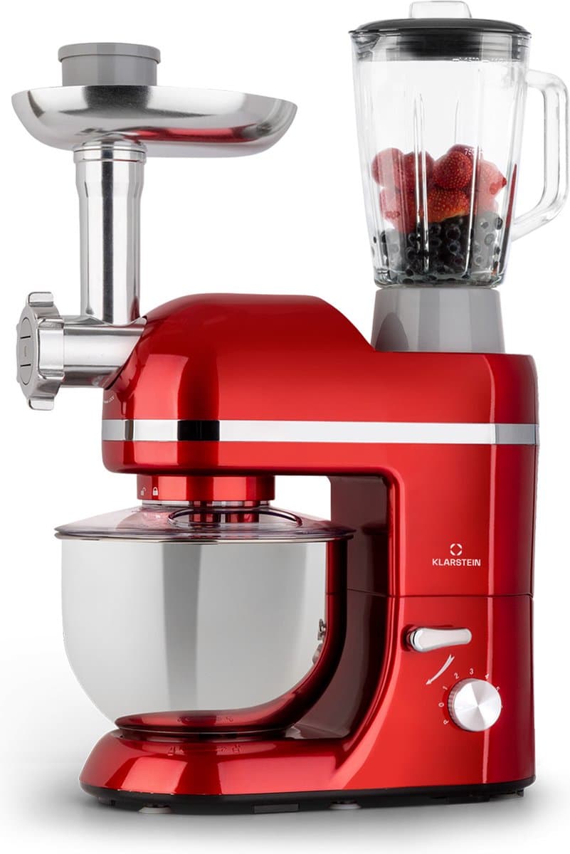 Klarstein staande mixer/foodprocessor met vleesmolen, 1800W, kleine deegmixer, 6 snelheden, garde, meng- en deeghaak, planetaire mengbeweging, staande mixer met blender, foodprocessor met 5L kom