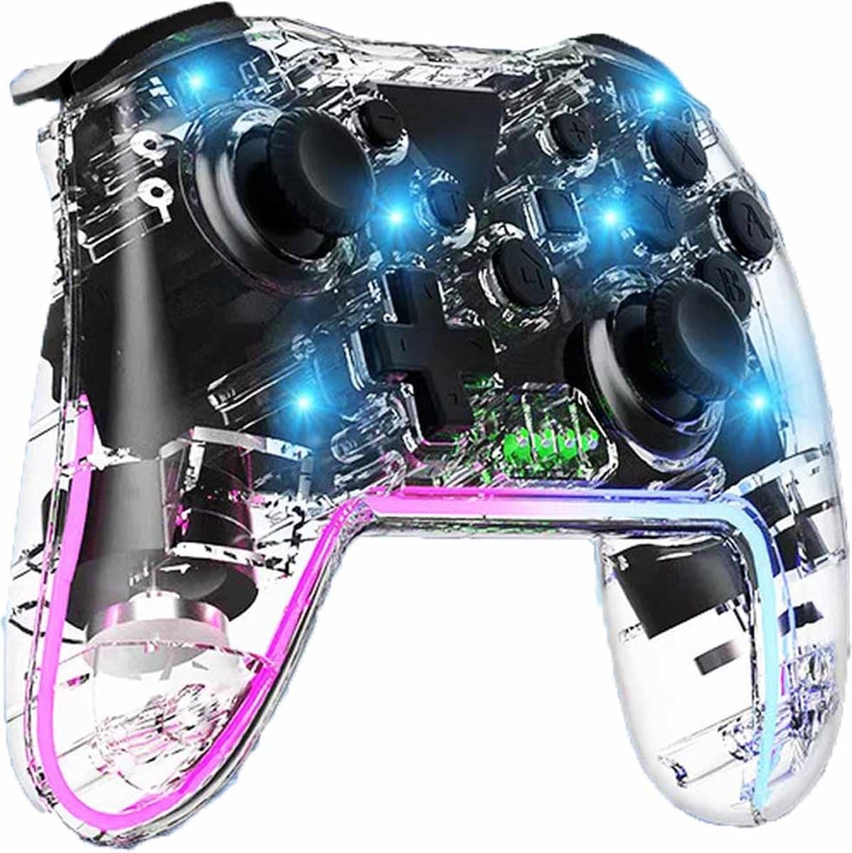Meedeer Pro Controller Draadloos - Turbo Knop -- RGB Verlichting - Geschikt voor Nintendo Switch Controllers - Controller Switch Support Turbo - up-functie en verstelbare LED (transparant Wit)