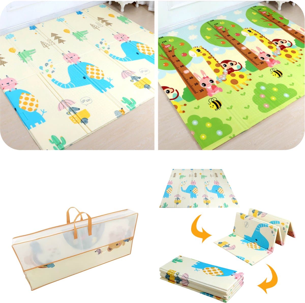 MIRO® Speelmat Baby Foam XL - Kruipmat - Opvouwbaar - Olifant & Aapje - Kinder Speelgoed 1 Jaar - Dubbelzijdig Speelkleed - Tummy Time - Babygym 180 x 200CM - Incl. Opbergtas