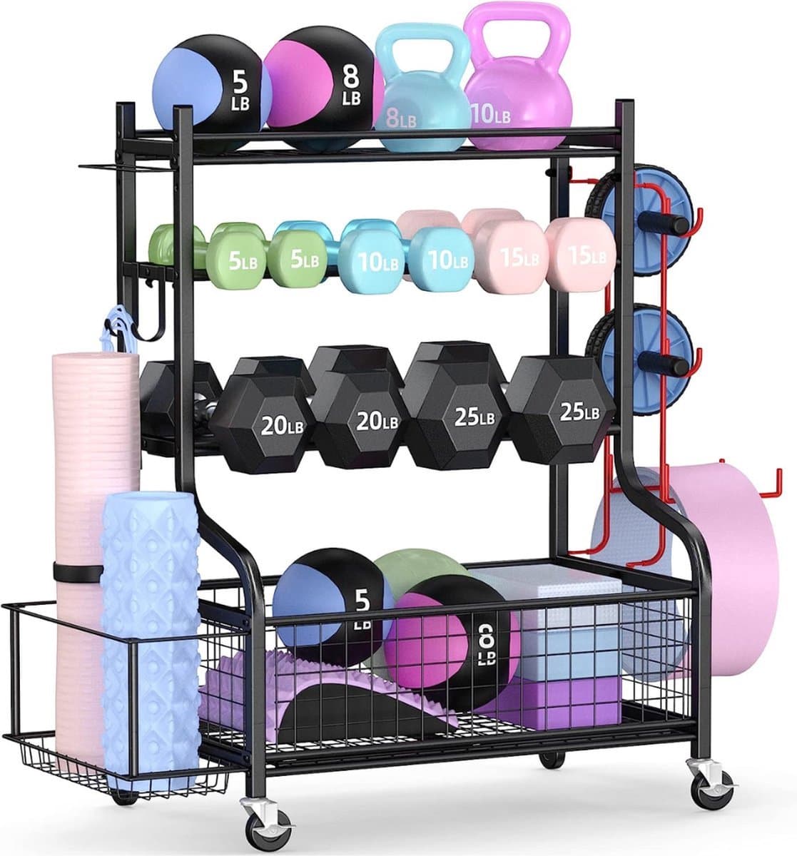 Halterstandaard - Multifunctioneel Ontwerp voor Dumbbells, Kettlebells en Meer - Stevig en Duurzaam - Haltersysteem met Opbergruimte - Robuust Stalen Frame voor Fitnessuitrusting - Inclusief Wielen voor Eenvoudige Verplaatsing - Gepoedercoat staal