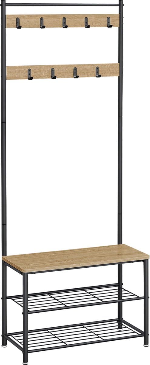 Kapstok met Schoenenrek en Bankje, Garderoberek, Industriële Stijl, Kleur: Eiken Sonoma en Zwart, Stalenframe, 175 x 70 x 32 cm