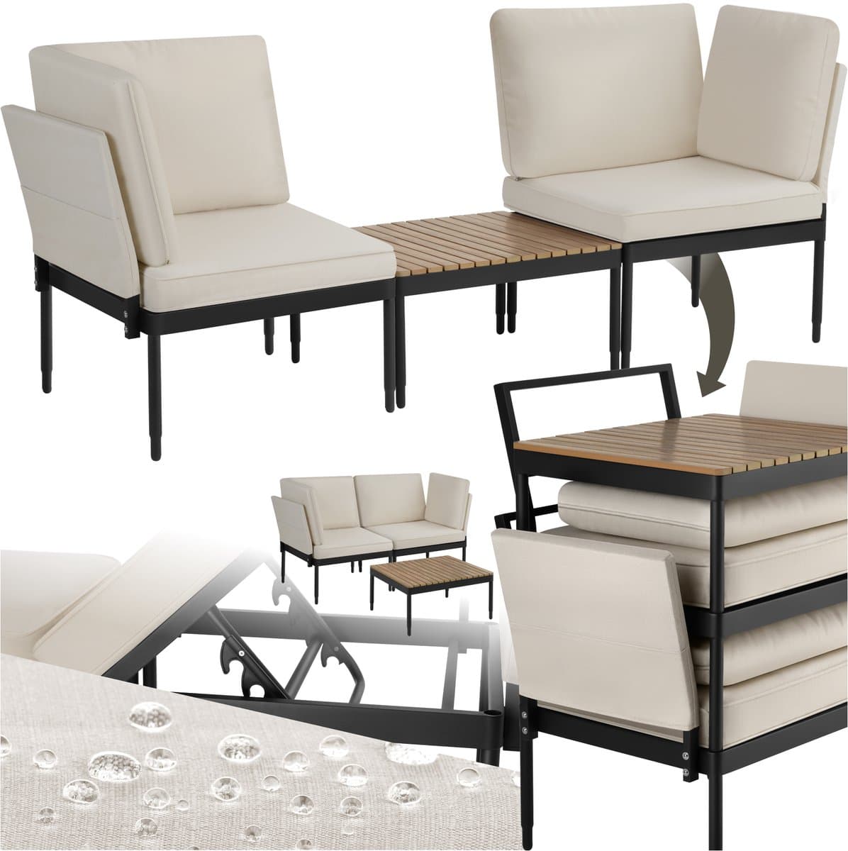 tectake® - Loungeset Magaluf - 5-in-1 tuinset met aluminiumframe - 2 tuin fauteuils en 1 salontafel - Op te stellen als ligstoel, hoekbank of 2-zits tuinbank - Inclusief kussens - Balkonset 2 personen