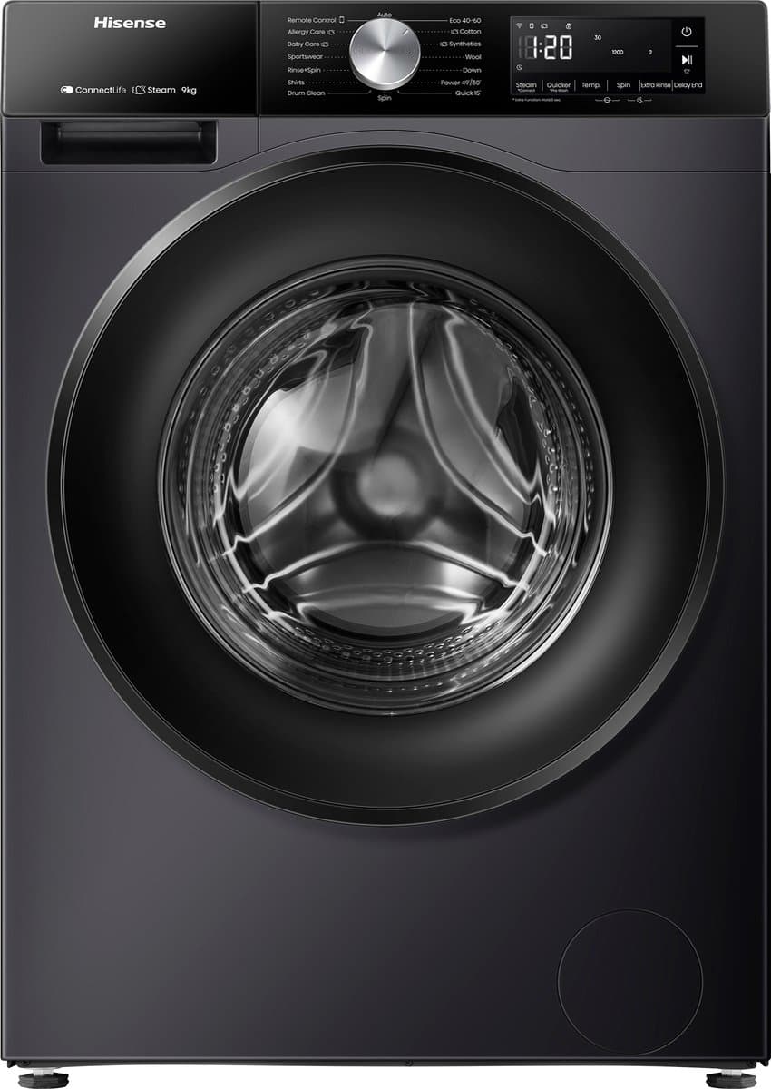 Hisense 3S Serie WF3S9043BB3 - Zwarte Wasmachine met Energielabel A -30% - 9kg - 72dB (A) - Steam Wash -1400 toeren - Power Wash 49' - ConnectLife - Inhoud Trommel 60 Liter