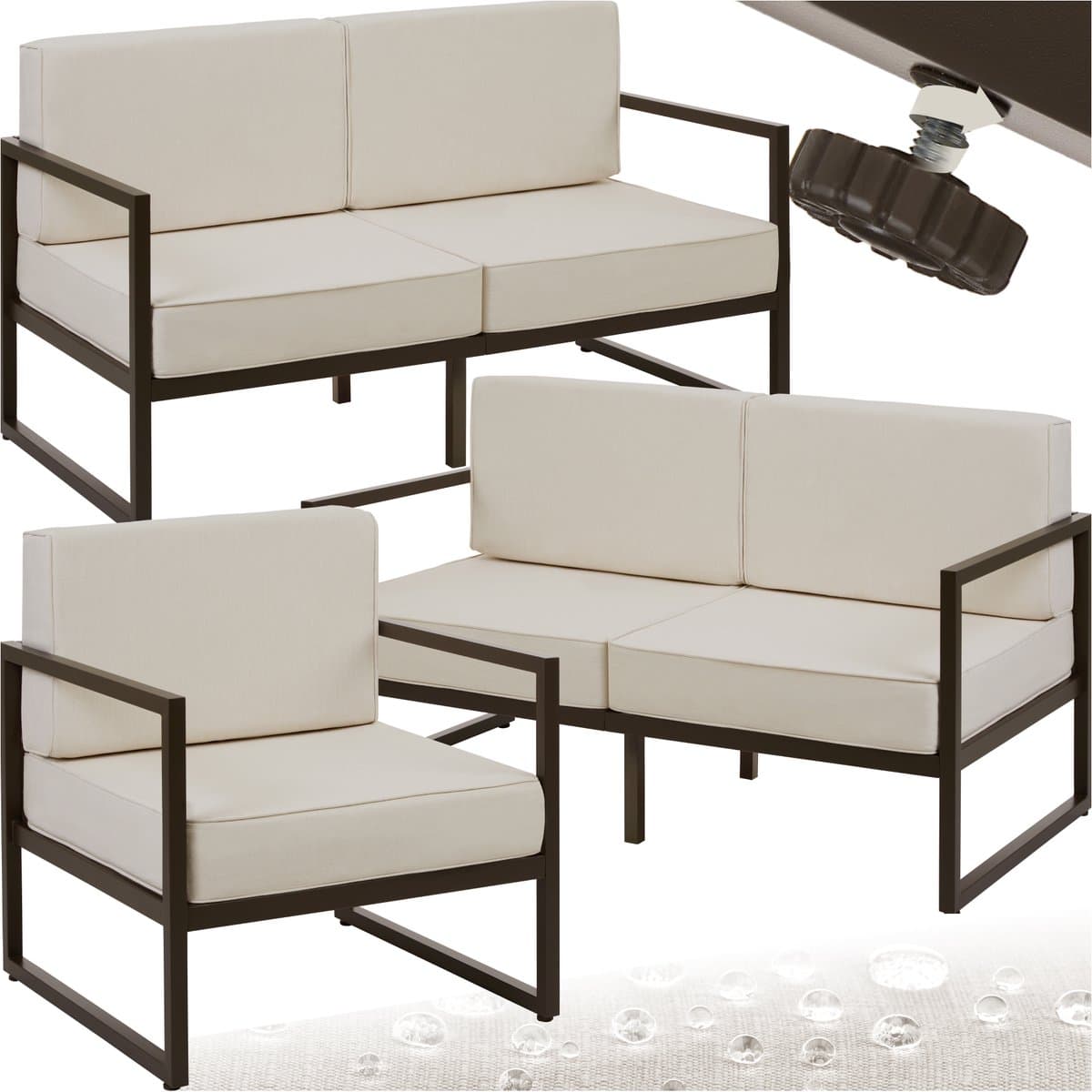 tectake® - Tuin-loungeset Comosa - Voor 5 personen - Tuinset - 2 loungebanken en tuin fauteuil - Waterafstotende en ultradikke zit-en rugkussens - Draagkracht 120kg per zitplaats - Bruin/beige