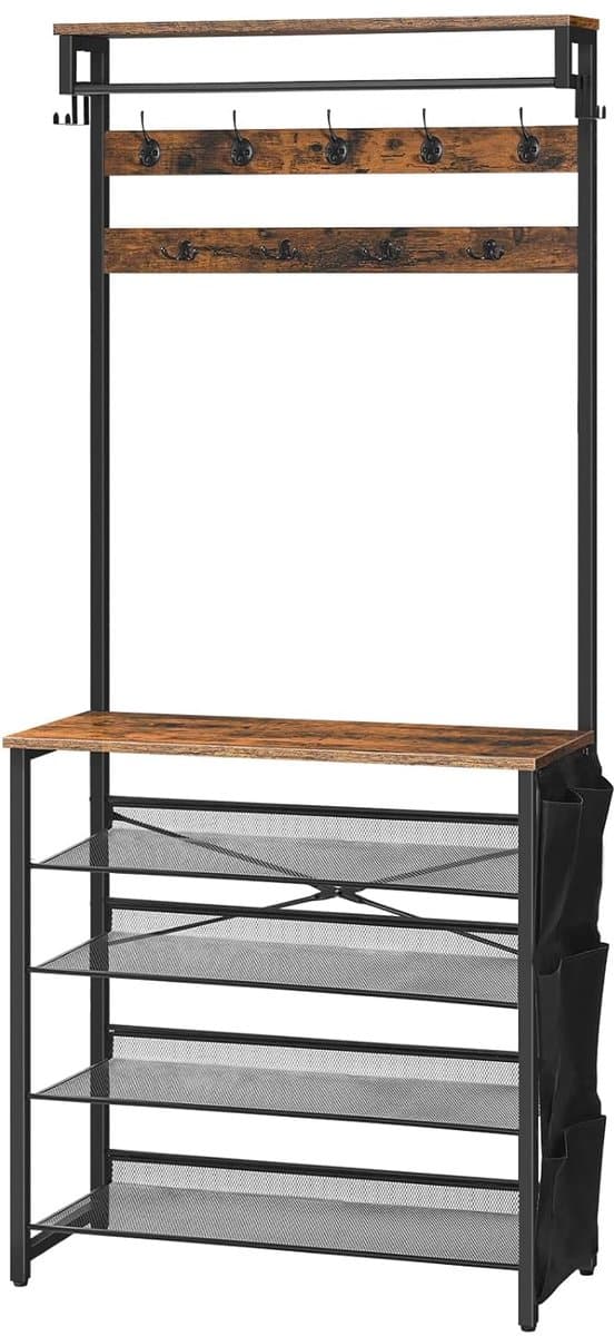 TRANKIELO® - Multifunctioneel Kledingrek met Schoenenrek – 5 Niveaus – Verstelbaar Metalen Rooster – Vintage Bruin