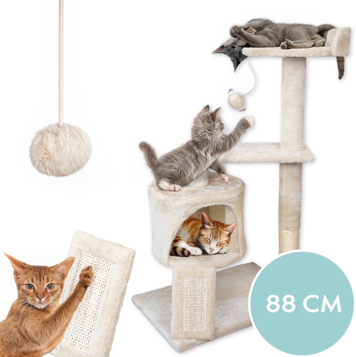 Krabpaal voor Katten - Kattenmand & Kattenspeelgoed - 3 Niveaus - Sisal Touw - 50 x 35 x 88 cm - Krabplank - Krabmat - Kattenhuis - Kattenbed - Kattenpaal - Krabton - Kattenmeubel - Kattentoren - Kattenspeeltjes - Kattenboom - Beige - PetVille