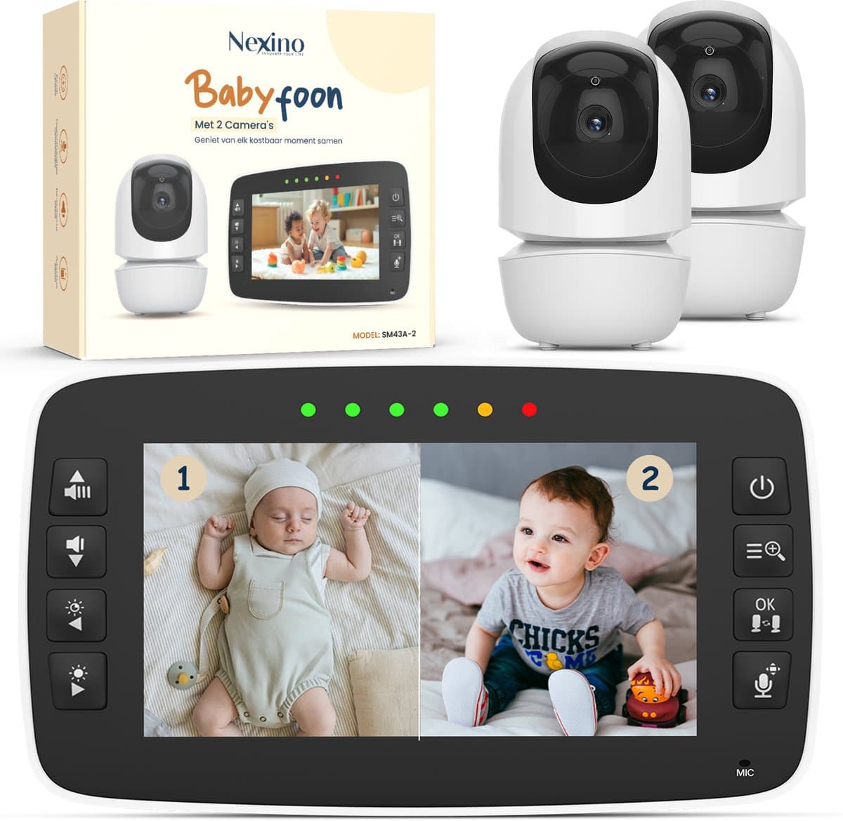 Nexino® Babyfoon met 2 Camera's – Baby Monitor - Hondencamera - Huisdiercamera - Op Afstand Bestuurbaar - Temperatuursensor - Terugspreekfunctie - Video & Audio