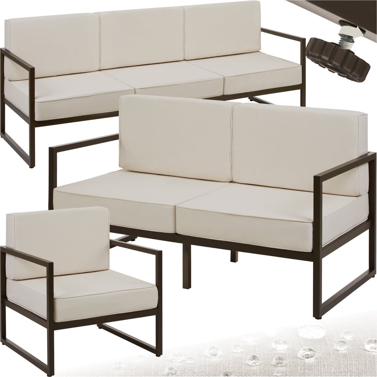 tectake® - Tuin-loungeset Comosa - Voor 6 personen - Tuinset - Grote bank, kleine bank en fauteuil - Waterafstotende en ultradikke zit-en rugkussens - Draagkracht 120kg per zitplaats - Bruin/beige