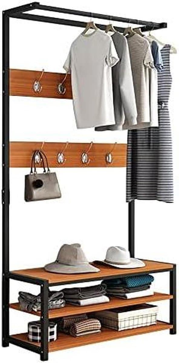 Kapstok met Schoenenrek - Garderoberek Kledingrek - Entree Organiseren - Stabiele Trapeziumstructuur - 80x34x170cm - Zwart