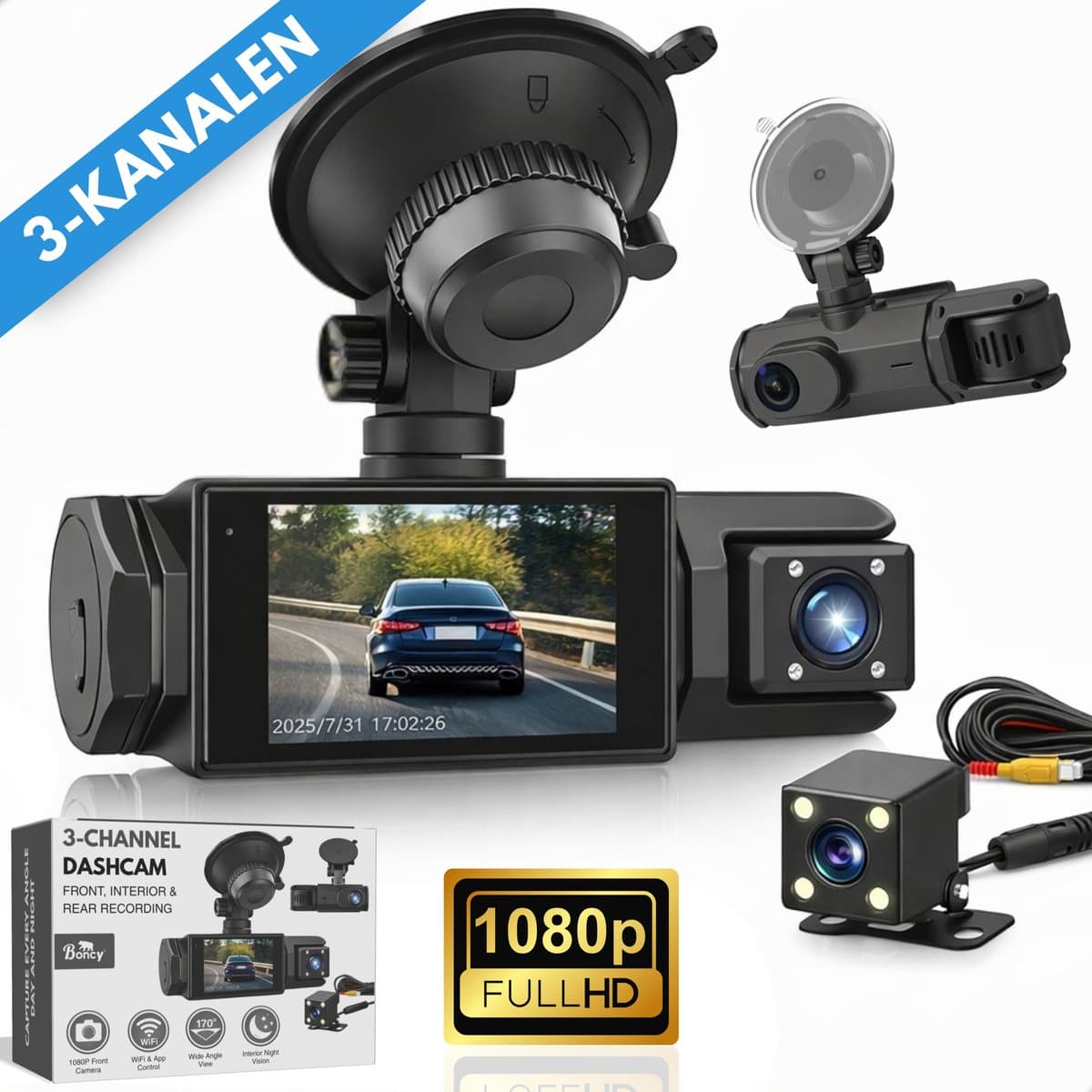 Boncy® Dashcam Voor Auto - 3 Kanalen Voor, Achter en Binnen Camera - 1080P Full HD - Dual Dashcams Met Achteruitrijcamera en Parkeermodus - Met Wifi & App - G-Sensor - Nachtzicht - Loop Recording - 170 Graden Kijkhoek